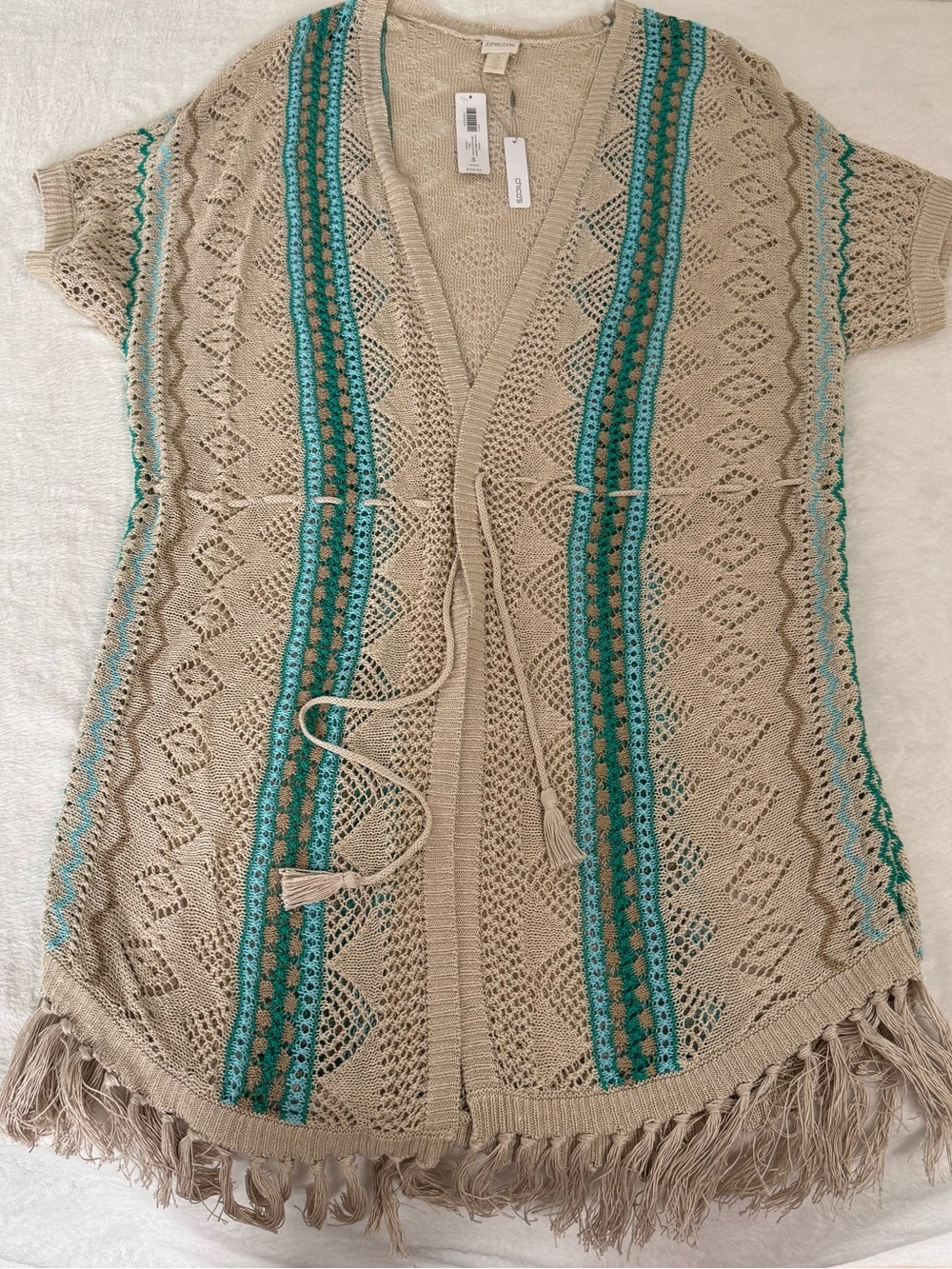 Chico’s Size 3 XL Teal Mix Fringe Cardigan 100% Linen Boho Sweater NWT $109